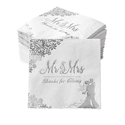 Silver 100 Pcs Mr and Mrs Wedding Napkins for Reception, Cocktail, Disposable for Engagement, Bridal Shower Party Decorations