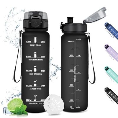 Borraccia 500ml, Borraccia Bambini, Borraccia con Filtro, Bottiglia Acqua a Prova di Perdite, Borraccia Sportiva con Indicatore del Tempo Motivazional, Borracce per Bici, Palestra, Scuola, Gym