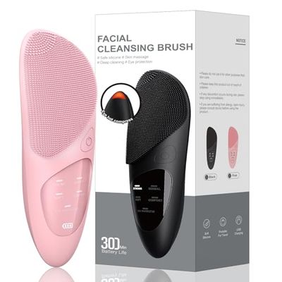 Facial Cleansing Brush Silicone Face Massager Brush Face Exfoliator with for All Skin Types and Waterproof Sonic Vibrating Face Scrubber Brush for Deep Cleansing, Exfoliating and Eye Massaging - Pink