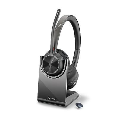 Poly Voyager 4320 UC, Cuffia Senza Filo, Connessione Bluetooth 5.1 e Dongle USB-C BT700, Cuscinetti in Similpelle, Autonomia 24 Ore, Base per Ricarica, Compatibile con Windows 10 e macOS, Nero