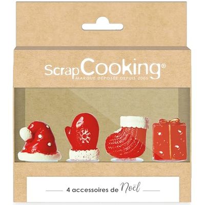 ScrapCooking - 4 kerstdecoraties voor houtblokken – muts, cadeau, pantoffel – taartdecoraties – accessoires voor taarten, cupcakes – 4941