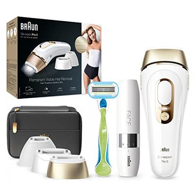 Braun IPL Silk-Expert Pro 5, At Home Permanent Visible Hair Removal, White/Gold, PL5223 & Braun Face Mini Hair Remover FS1000