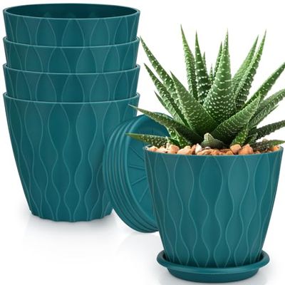 YNNICO 15 cm växtkrukor, 5-pack blomkrukor utomhus inomhus, planterare med dräneringshål och fat