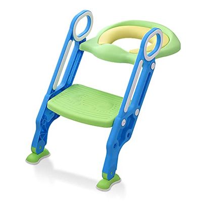 HENGMEI HM-VC-HAG1243BG Toiletbril voor kinderen, met trap, inklapbare potjestrainer, toilettrainer, toilettrainingsstoel, in hoogte verstelbaar 38-42 cm, voor kinderen van 1-7 jaar, blauw en groen