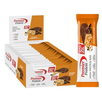 Premier Protein High Protein Bar Chocolate Caramel 16x40g - High Protein Low Sugar + Palm Oil Free