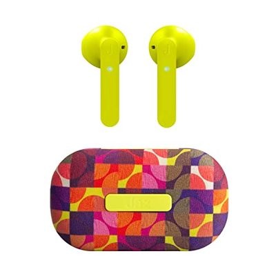 JAZ True Wireless Stereo Chanè hoofdtelefoon met 400mAh textiellaadstation, geïntegreerde microfoon, sportbeugel, voor muziek en gesprekken tot 4 uur achter elkaar, geel