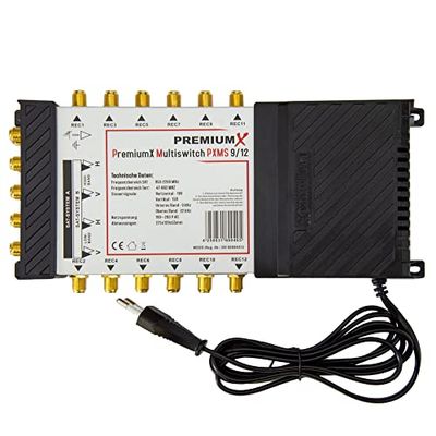 PremiumX PXMS Multiswitch 9/12 met voeding - 2 satellietposities op 12 uitgangen - Ondersteunt Digital HDTV FullHD 4K UHD 8K Compatibel