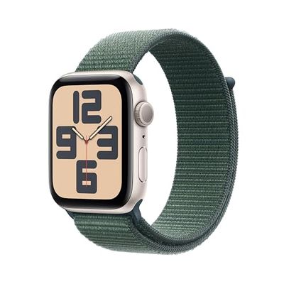 Apple Watch SE (2e gen.) GPS 44 mm Smartwatch - Kast van sterrenlicht aluminium - Blauwgroen geweven sportbandje. Conditie en slaap bijhouden, ongelukdetectie, hartritme monitoren, CO₂-neutraal