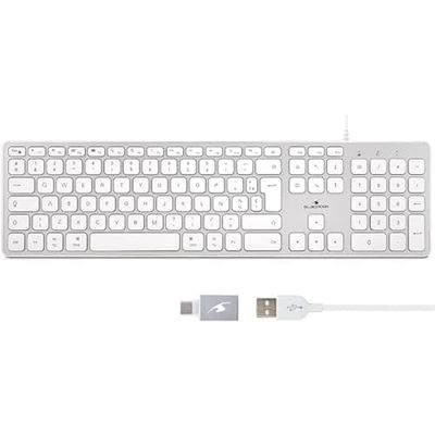 Bluestork Clavier QWERTY Filaire pour Mac - Touches concaves et silencieuses, Comprend Ñ - 13 raccourcis multimédias, Adaptateur USB/USB-C - Nouveau 2022, Blanc