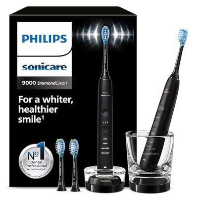 Philips Sonicare DiamondClean 9000 spazzolino elettrico, confezione doppia, spazzolino sonico con app, sensore di pressione, 4 modalità di spazzolamento, bicchiere di ricarica, nero, HX9914/63