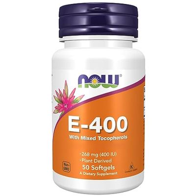 Now Foods Vitamina E 400 UI, D-alfa-Tocoferolo, Dose elevata, 50 Capsule morbide, Testato in Laboratorio, Senza Glutine, Senza Soia, Non OGM