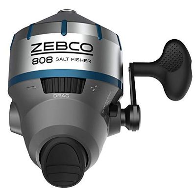 Zebco 808 Saltfisher Spincast vismolen, maat 80 haspels, verwisselbaar rechts of links ophalen, voorgespoeld met 20 lbs vislijn, roestvrijstalen kogellageraandrijving, zilver