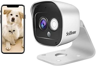 SriHome WiFi-bewakingscamera, wifi, binnen en buiten, draadloze camera met bewegingsdetectie, bidirectionele audio, nachtzicht en IP66 waterdicht