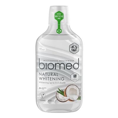 BIOMED Superwhite collutorio per sbiancamento delicato dei denti-senza fluoro - senza alcool-99% ingredienti naturali-sapore di cocco e menta-confezione da 500 ml