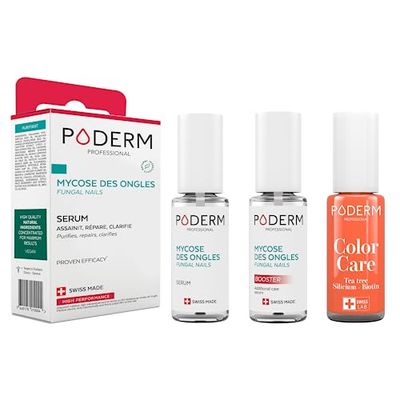 PODERM - LOT 3 PRODUITS | MYCOSE ONGLE TRAITEMENT PURIFIANT + BOOSTER - 2 Best Sellers pour soigner les ongles jaunes et abimés + Vernis Mangue Tea Tree camoufle les ongles abimés | Swiss Made
