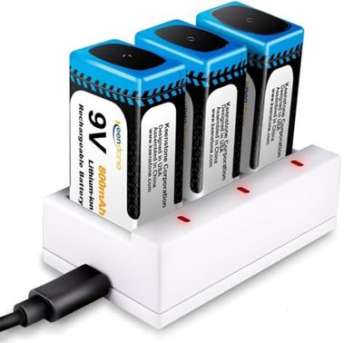 Keenstone Lot de 3 Batteries au Lithium Rechargeables 9 V 800 mAh - Câble de Charge USB - Batterie 9 V pour détecteur de fumée, détecteur d'incendie, détecteur d'alerte - Multimètre