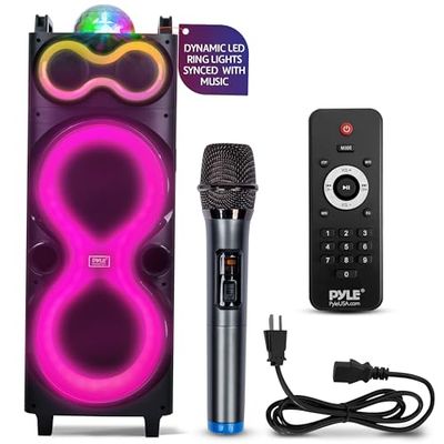 Pyle Bluetooth Speaker System with Wireless Mic, 240W PA and Karaoke Machine, Dual 10" Inch Speakers, Rechargeable Battery, USB/SD/AUX/FM Radio, LED Lights, Outdoor/Indoor Party Audio