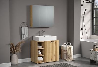 trendteam smart living - PureBliss - Set di mobili da bagno - rovere con scanalature - Mobili da bagno con eleganti manici in metallo - 90 x 186 x 53 cm - Mobile sottolavabo con 3 scomparti aperti