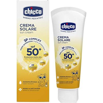 Chicco Crema solar triple protección 50+ para niños, resistente al agua, 0+ meses, 75 ml