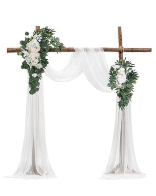 VEVOR Artificial Wedding Arch Flowers Kit, White Wedding Arch Flowers with Drapes Kit (Pack of 4) - 2 Pcs Floral Arrangement, 2 Pcs Sheer Drapes, for Ceremony Bouquets Reception Backdrop Decoration
