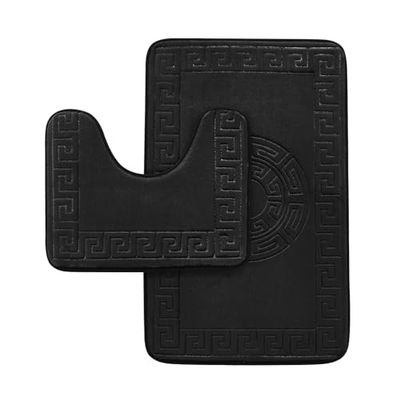 GC GAVENO CAVAILIA Memory Foam Bath Mat Non Slip - Extra Soft Highly Water Absorbent Bathroom Mat Sets 2 Piece - Greek Toilet Rug (50 x 80 cm) & Pedestal Set (50 x 40 cm) - Washable - Black