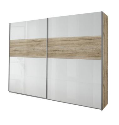 Armario de puertas correderas humo Quadra, 2-puertas, 210 x 62 cm, cuerpo decoración-presión roble Sanremo claro, frente brillante Blanco, cajones de madera de roble Sanremo claro decoración-presión, otro, Breite 226 cm