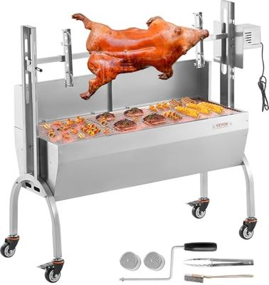 VEVOR Barbecue à Charbon avec Tournebroche Électrique 52 W Charge 90 kg, Rôtissoire Barbecue 118,5 cm, en Inox, avec Pare-Brise et Roues Verrouillables, pour Rôtir Agneau Porcelet Poulet Camping