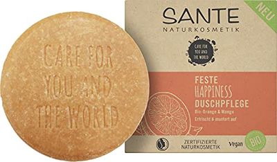 SANTE Naturkosmetik Sapone Solido Doccia per Pelle Delicata Formula Vegana con Arancio Biologico Mango, Solido Happiness Doccia Cura 1x80g
