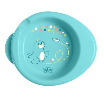 Chicco Warme platte borden voor baby's en kinderen, thermobord voor babyvoeding met warmwatertank, schotel voor babyvoeding met antislip onderkant en ergonomisch design, 0% BPA, 6 maanden, lichtblauw