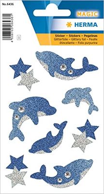 HERMA 6436 - Pegatinas de purpurina con diseño de delfines, autoadhesivas, para niños, niñas o álbumes de pegatinas, 8 unidades, diseño de animales