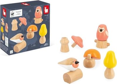 Janod 2 Pájaros y 3 Setas de Enroscar-Juguete de Estímulo y Primera Infancia-Madera FSC-Colaboración WWF-A Partir de 18 Meses, J08643, Multicolor, Talla única (JURATOYS