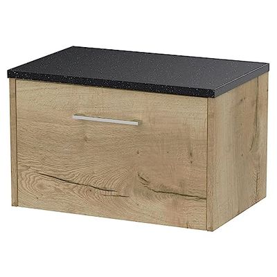 Hudson Reed JNU1822LSB Juno Modern Bathroom Wall Hung Single Drawer Vanity with Black Sparkle Laminate Worktop, 600mm, Woodgrain Autumn Oak