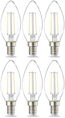 Amazon Basics Lâmpada de vela pequena LED E14, Edison, de 2,1 W (equivalente a 25 W), filamento transparente, não regulável, embalagem de 6, branca quente