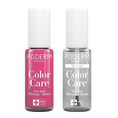 PODERM - LOT 2 PRODUITS | SOIN VERNIS PROFESSIONNEL | Top Coat Brillant Longue Tenue + Vernis FRAMBOISE Tea Tree | Prévention & Traitement des Ongles Jaunes/Abîmés | SOIGNE & COLORE | Swiss Made