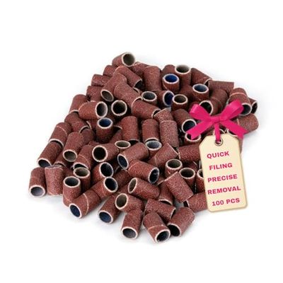 LALILL 100pcs Sanding Caps Grit 240 - Nail Care Tool for Manicure Pedicure - Brown Metal Caps for Natural Gel Acrylic Nails & Skin