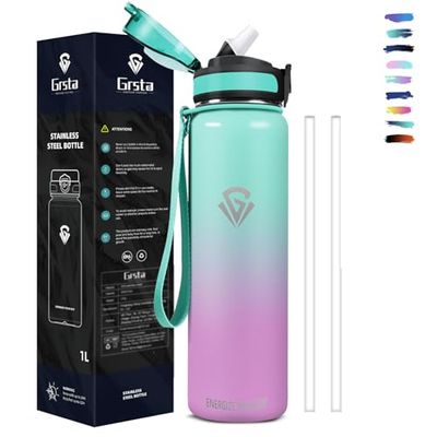 Grsta Borraccia Termica, Borraccia 1 litro, Borraccia con Cannuccia Senza Perdite, Borraccia Palestra, Facile da Pulire, Borraccia Inox per Sport, Campeggio, Ciclismo, Yoga