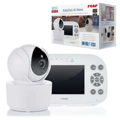 reer BabyCam XL Move Babyphone vidéo numérique avec Technologie FHS Anti-écoute Écran TFT 4,3" Portée 300 m Caméra pivotante et inclinable Vision Nocturne Fonction interphone Blanc