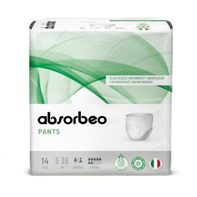 Absorbeo Pants Extra, calças absorventes elásticas para incontinência moderada, conforto absoluto, proteção total, sistema antiodor, totalmente respirável, unissexo, tamanho M, 14 peças