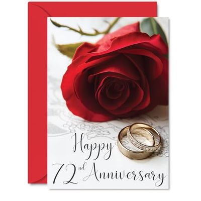 72nd Anniversary Card for Women Men - Gold Rings Red Rose - Happy Wedding Anniversary Cards for Mum Dad Grandad Grandma Auntie Uncle, 5x7 Inch Greeting Cards