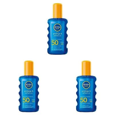 NIVEA SUN Protege & Refresca Spray Solar FP50 (1 x 200 ml), spray con protección UVA/UVB, protección solar alta invisible, refrescante y resistente al agua (Paquete de 3)