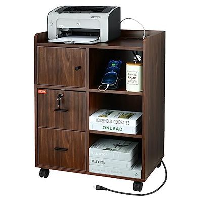 VEVOR Rolcontainer archiefkast rolbaar 600 x 400 x 813 mm, bureaukast 2 laden & 3 open vakken & 1 kast, industrieel design voor documenten, vintage bruin-zwart printercommode printerwagen
