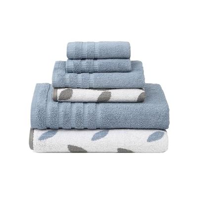 Amrapur Yarn Dyed Organic Vines Jacquard/Solid Ultra Soft 500GSM 100% Combed Cotton Towel Set 6 toalhas tingidas com fio-videiras azuis, algodão, simples, 40,6 x 25,4 x 12,7 cm, 6
