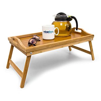 Relaxdays 10012858 Bandeja de cama, mesa de pequeno-almoço, com asas e pernas dobráveis, bambu e MDF, 23 x 60 x 30 cm, casa, natural, 50 x 30 cm