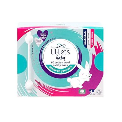 Lil-Lets Baby Cotton Wool Safety Buds, 1 x Pack of 60, Certified Organic, 100% Pure Cotton Wool Tips, Durable Paper Stems, Plastic Free Cotton Buds, Dermatologically Tested.