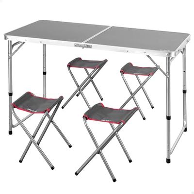 AKTIVE 63161 Table Pliante en Aluminium avec 4 tabourets en Acier, Hauteur réglable 60-70 cm, Surface 120 x 60 cm, Finition Grise, Design Portable avec poignée pour Camping, Plage et Jardin