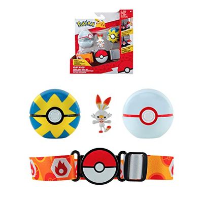 Bandai - Pokémon - Pasek "N' Go - 1 pasek, 1 szybka piłka, 1 Premier Ball i 1 figurka 5 cm Flambino (Scorbunny) - Akcesorium do przebrania za trenera Pokémonów - JW2716