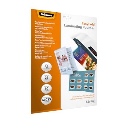 Fellowes A4 Laminating Pouches, Gloss Finish, 25 Sheets, 160 Micron (2 x 80 Micron) Admire High Quality Finish EasyFold Laminating Pouch with Pre-Scored Lines - Ideal for Menus, Cards & Instructions