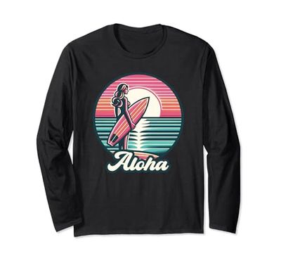 Aloha Hawaii Surfer Surf Ragazza Donne Hawaiian Beach Maglia a Manica