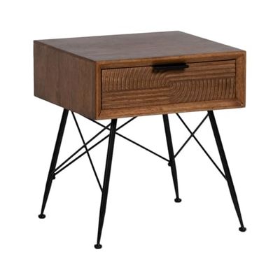BigBuy Home Mesita de Noche LAGOM Negro Natural Hierro Madera de Caucho 46 x 38 x 50,5 cm