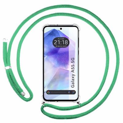 Tumundosmartphone Custodia a sospensione trasparente per Samsung Galaxy A55 5G con cordone verde acqua